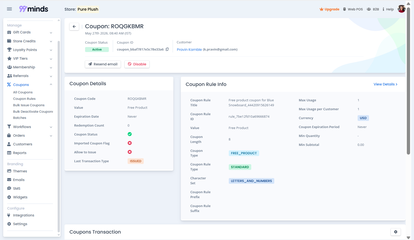 99minds coupon code detail page showing rule settings including max usage, expiry, and coupon type