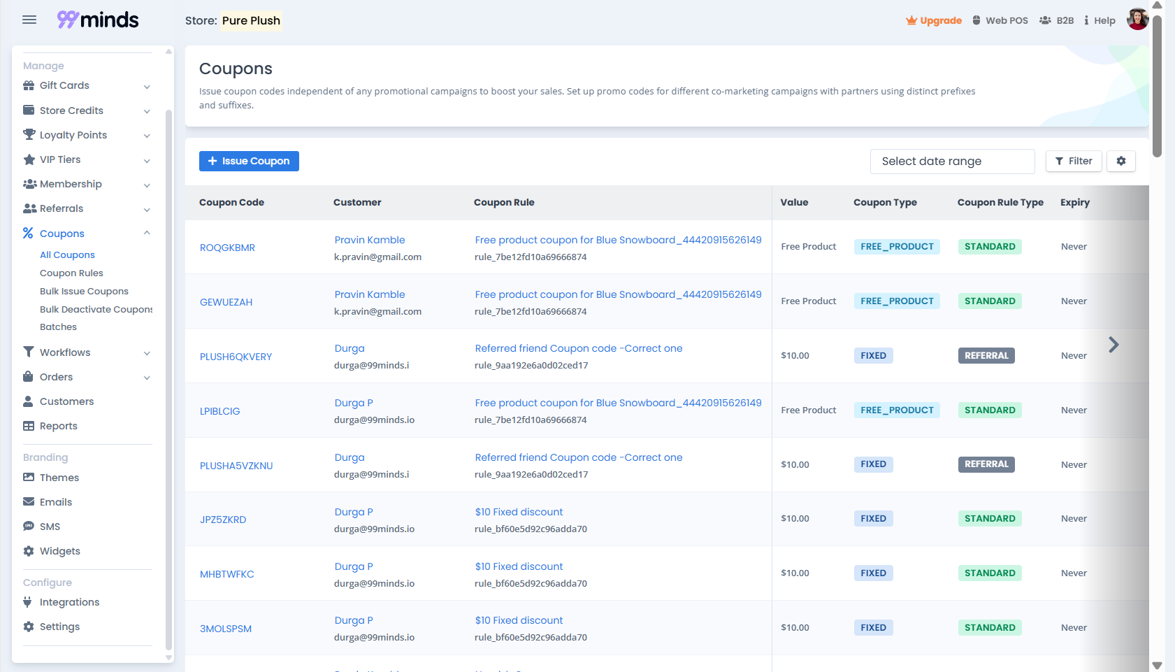 99minds coupons dashboard showing coupon codes, rules, and redemption status
