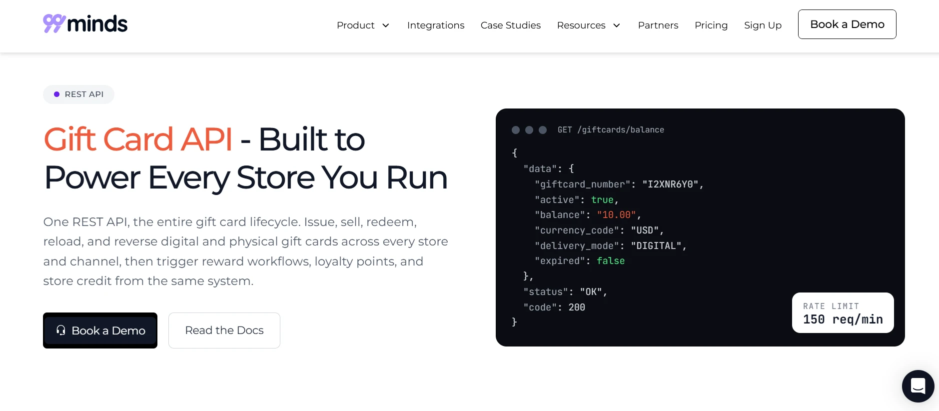 99minds Gift Card API product page showing the REST API endpoint response and rate limit for issuing and checking gift card balances
