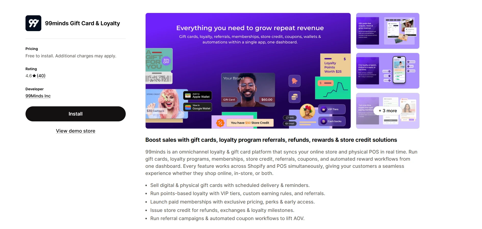 99minds Gift Card and Loyalty app listing on the Shopify App Store showing pricing, rating, and feature highlights