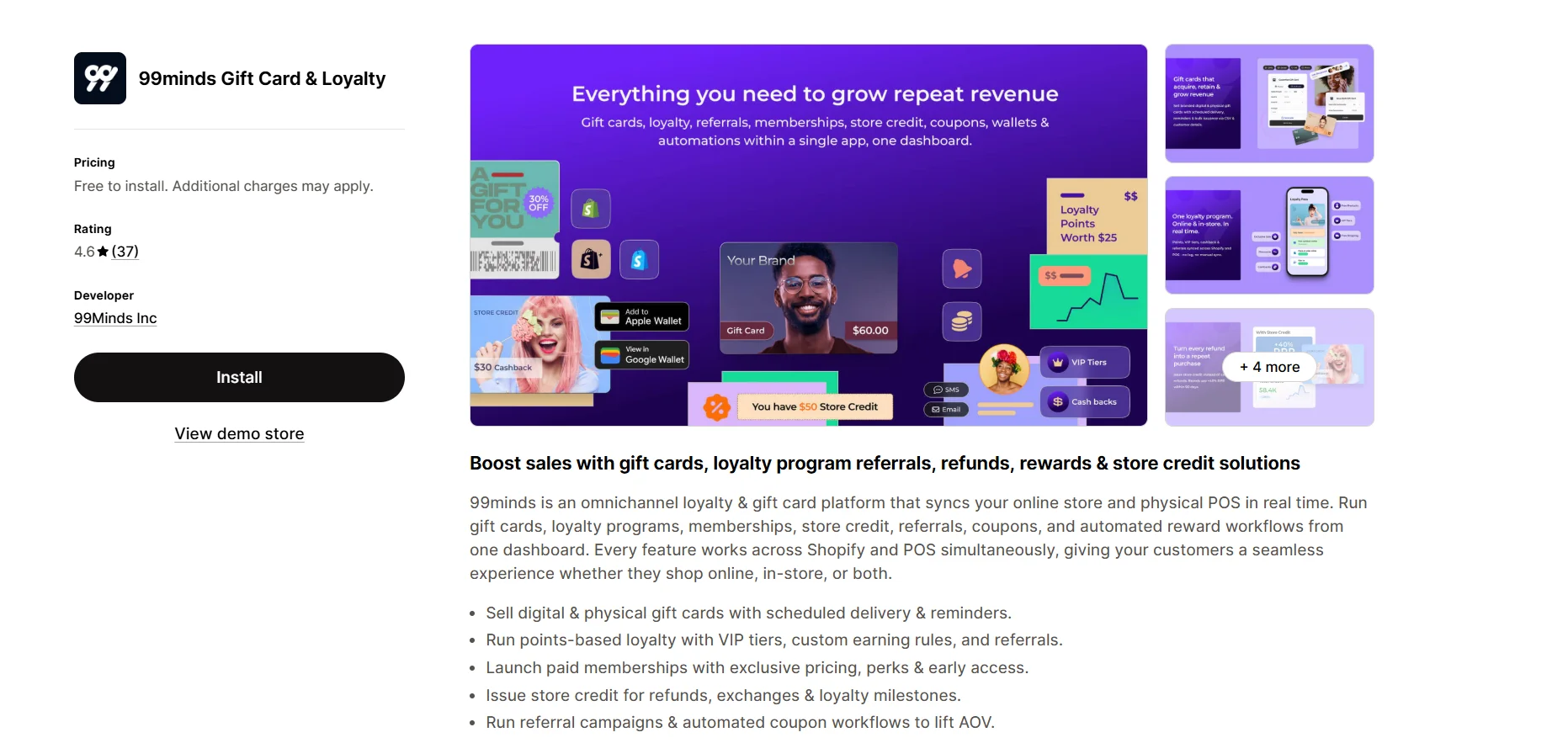 99minds Gift Card and Loyalty app listing on the Shopify App Store