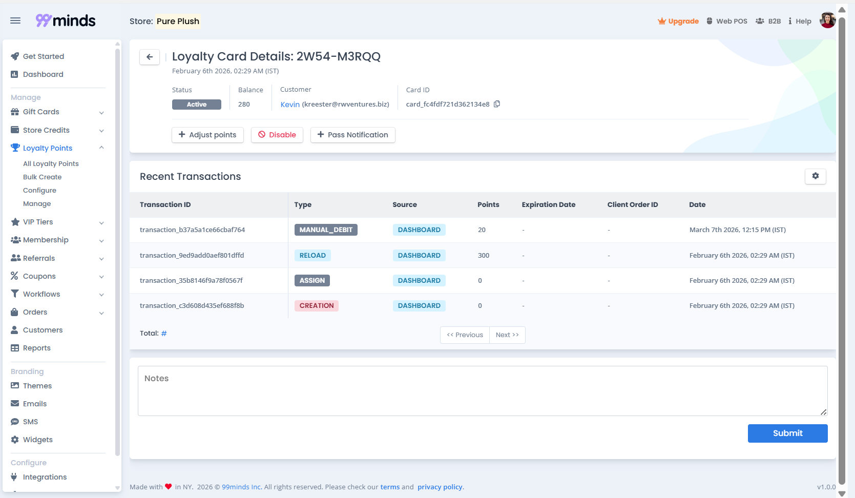 99minds loyalty card details dashboard showing customer balance, transaction history, and pass notification controls
