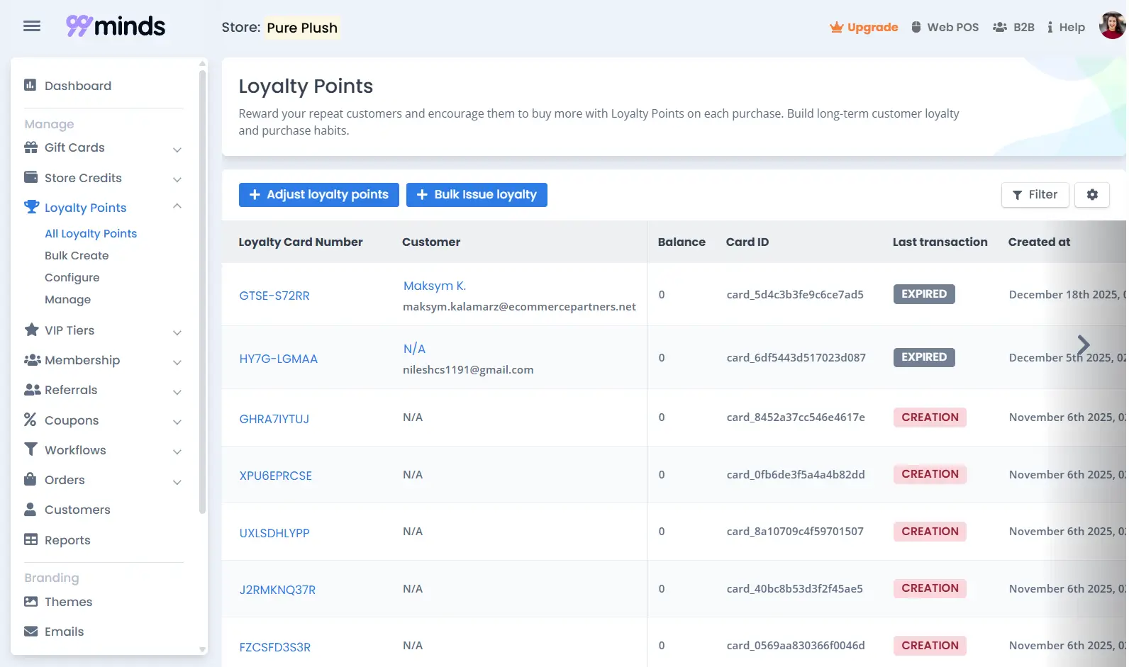 99minds admin dashboard showing the Loyalty Points management screen