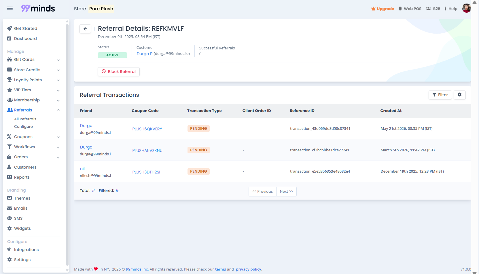 99minds referral details view showing successful referrals count, transaction status, and coupon codes issued per customer