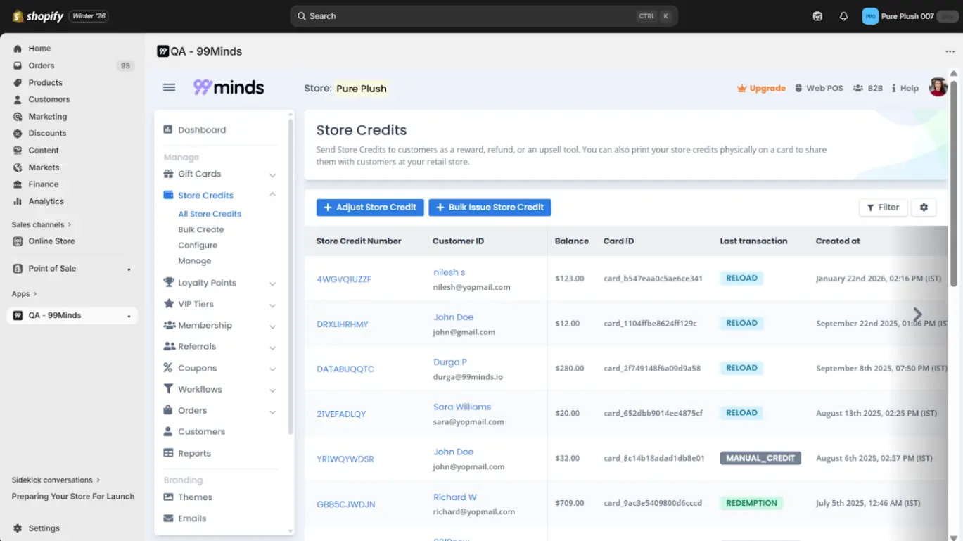 99minds Store Credit Management Software Dashboard