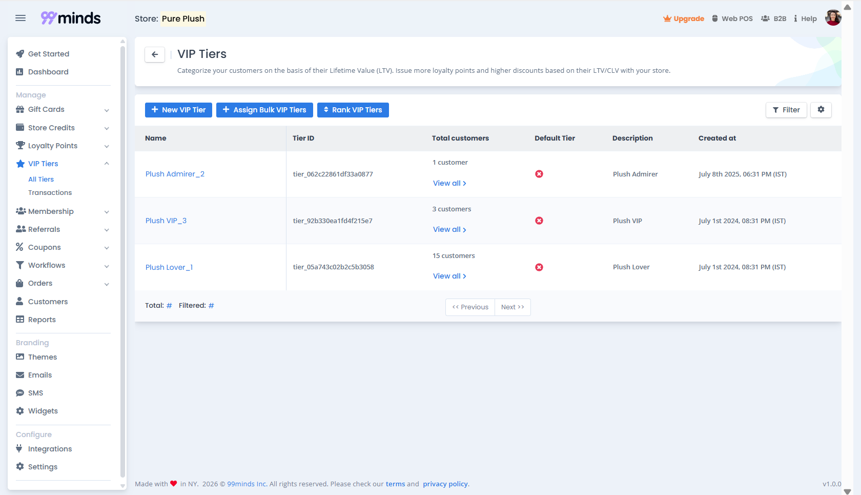 99minds VIP tiers dashboard showing tier names, customer counts, tier rank controls, and tier protection settings