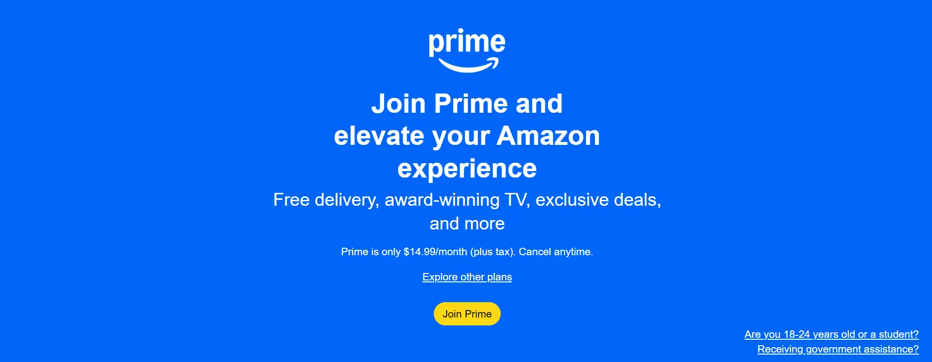 Amazon Prime membership page highlighting free delivery and exclusive benefits.