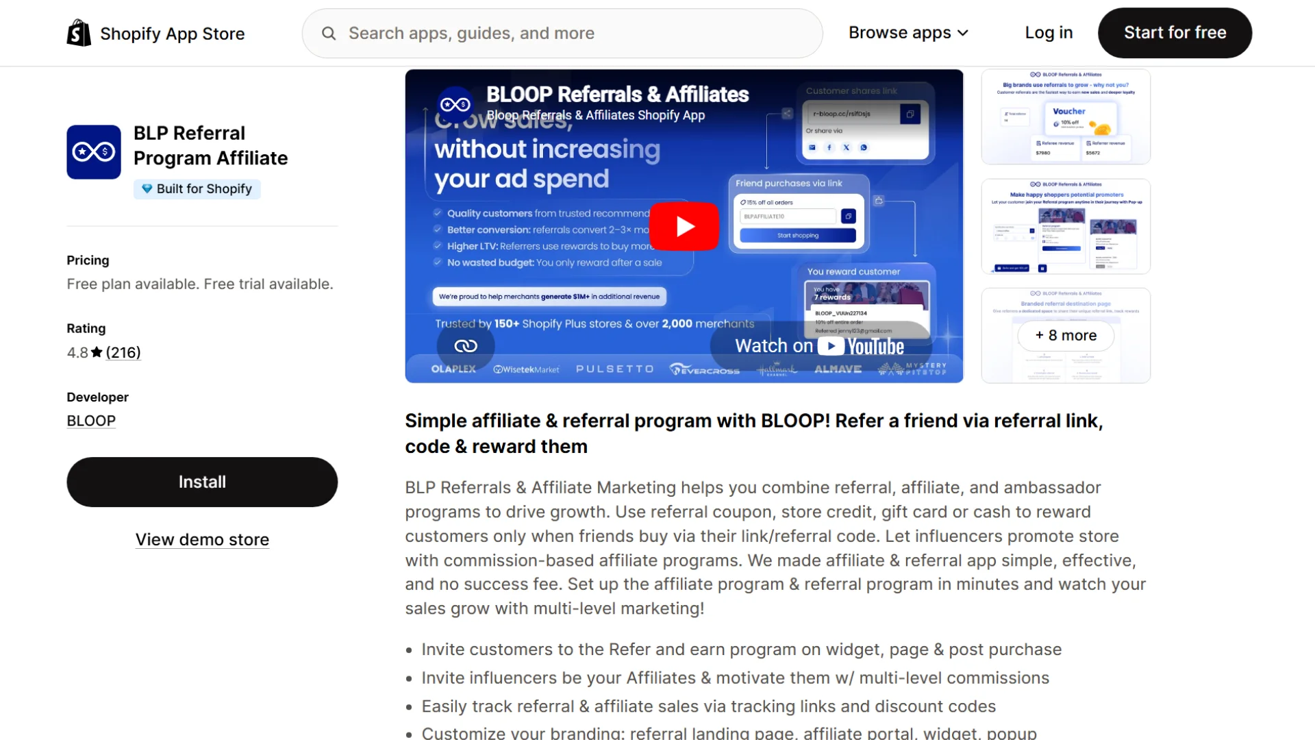 Bloop shopify referral app dashboard