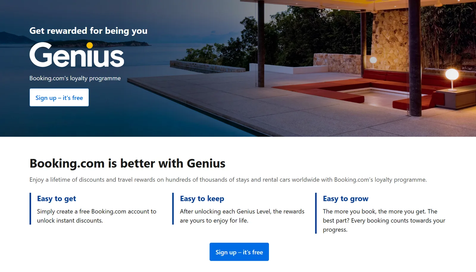 Booking.com Genius loyalty programme landing page showing automatic tier enrollment