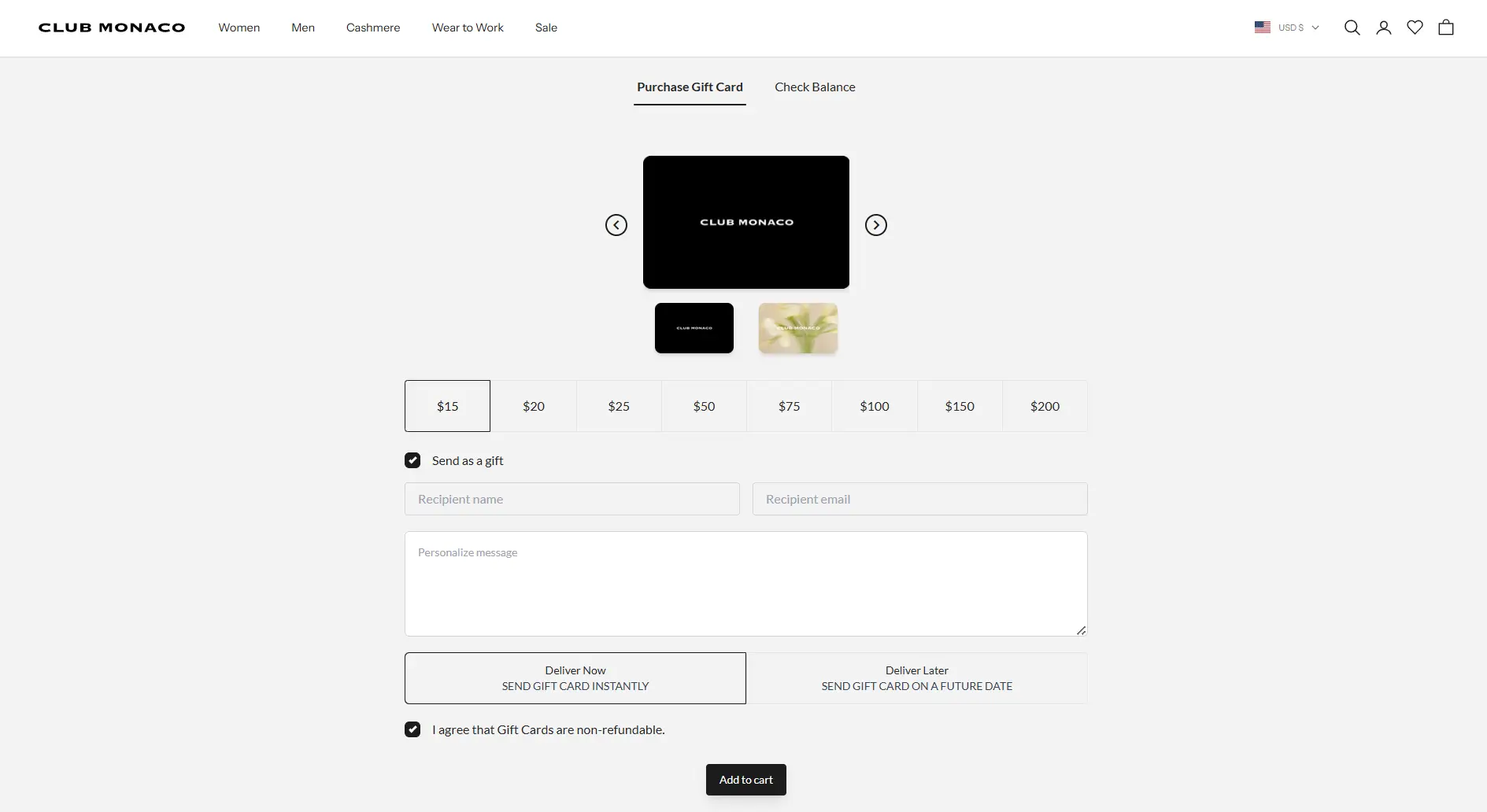 Club Monaco digital gift card page