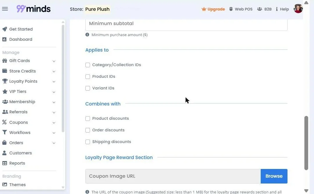 99minds coupon rule form showing the Combines with section with three independent stacking flags for product, order, and shipping discounts