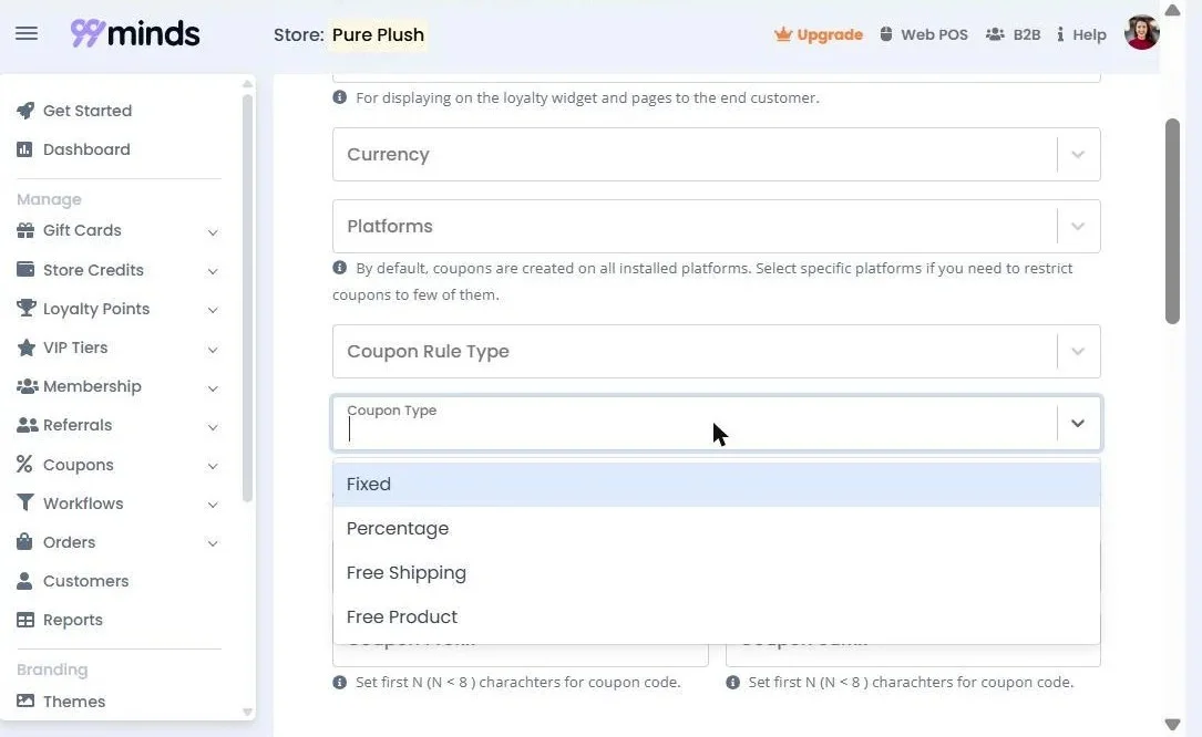 99minds coupon rule form showing coupon type options: fixed, percentage, free shipping, and free product