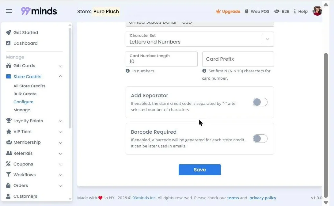 99minds store credit configure screen showing card format settings with no stacking flags
