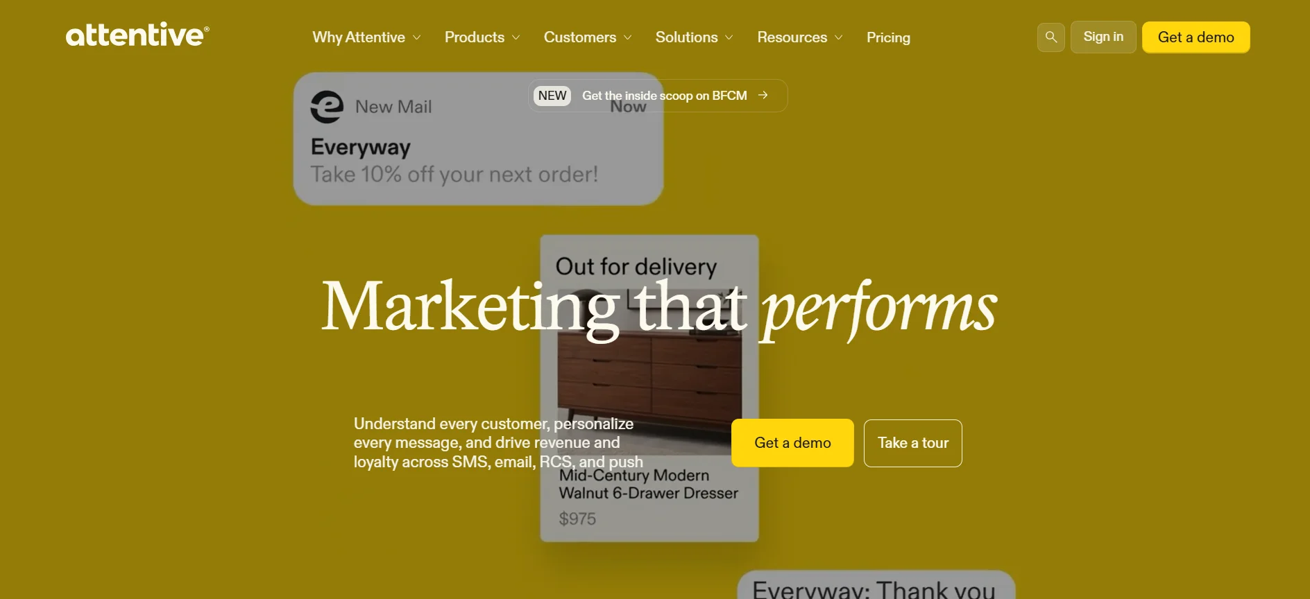 Attentive homepage promoting SMS, email, RCS, and push marketing