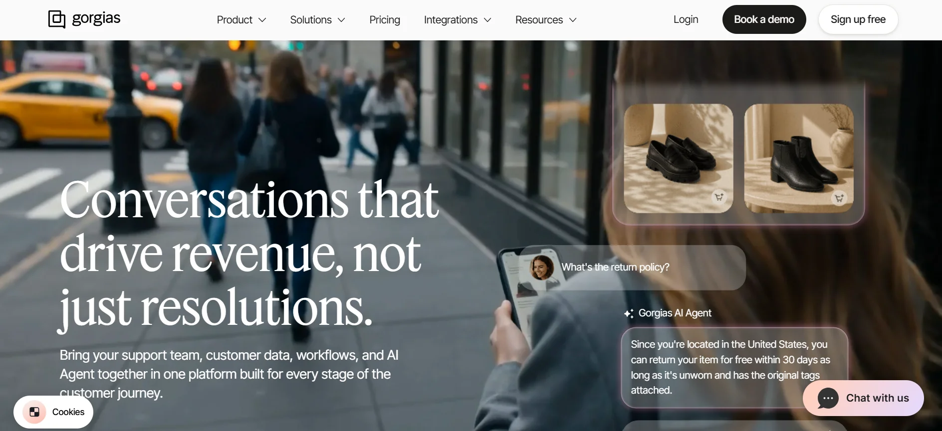 Gorgias homepage showing its AI Agent answering a return policy question for an ecommerce shopper
