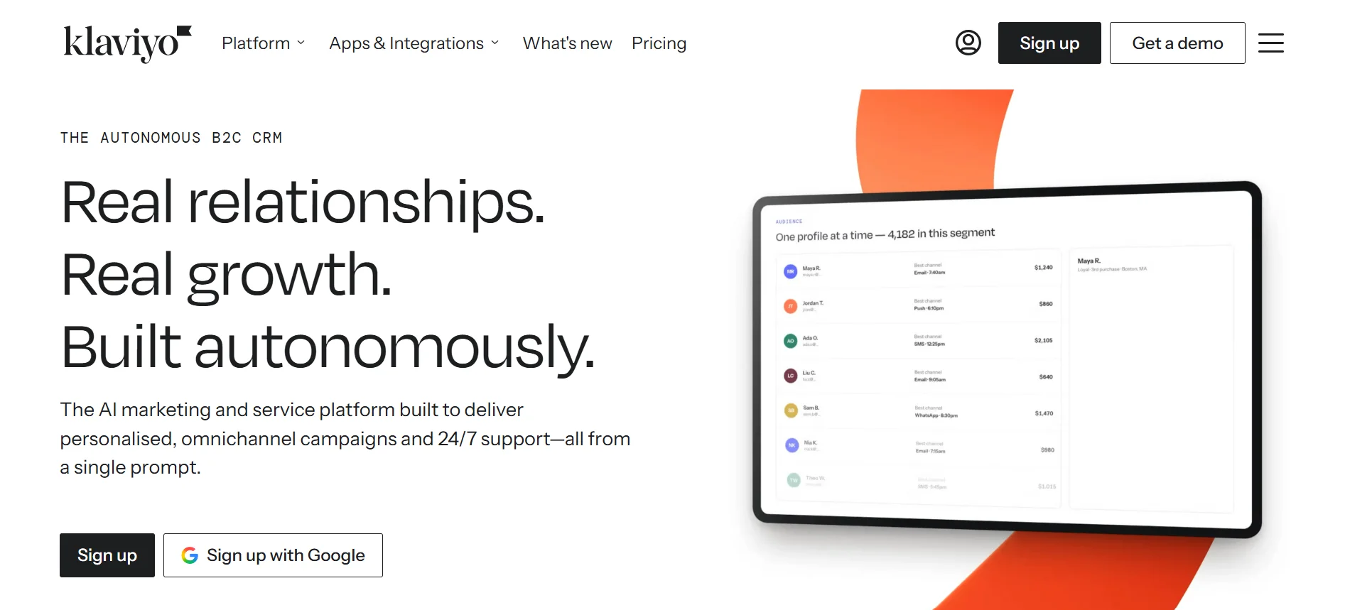 Klaviyo homepage showing its B2C CRM and customer segment dashboard