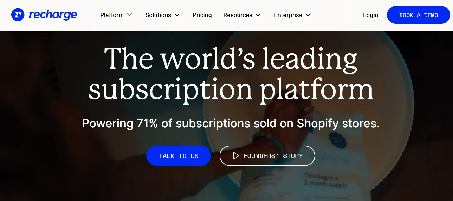 Recharge homepage presenting its subscription platform for Shopify stores