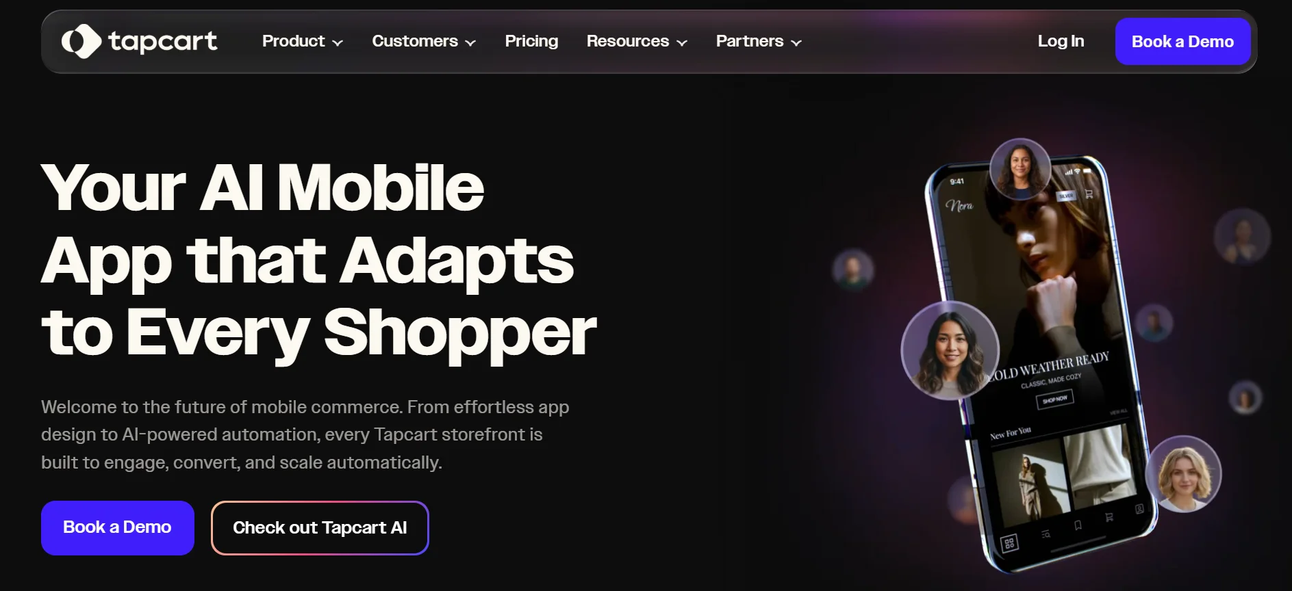 Tapcart homepage promoting its AI mobile app for Shopify brands
