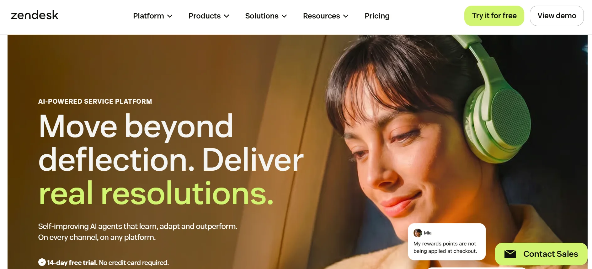 Zendesk homepage introducing its AI-powered customer service platform