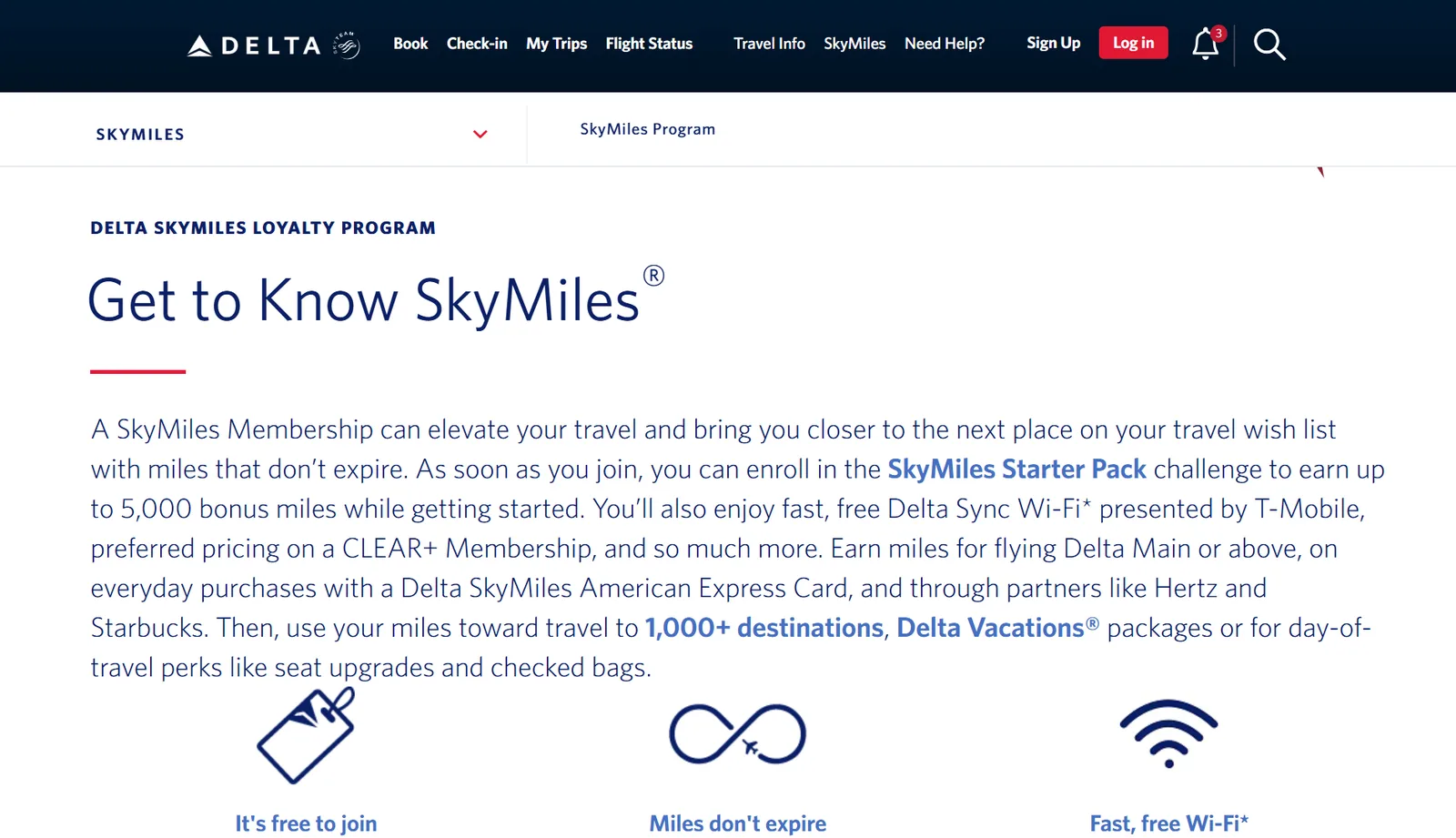 Delta SkyMiles loyalty program page explaining how members earn and redeem miles