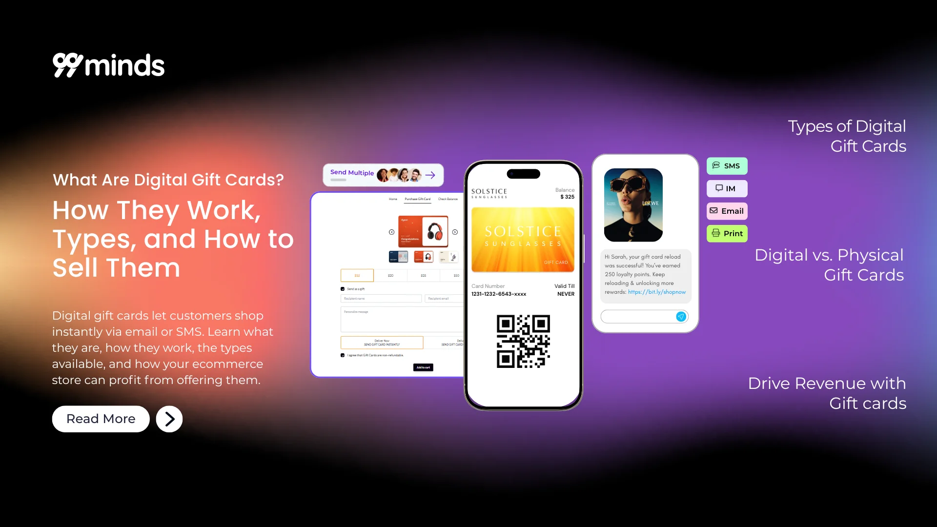 What are digital gift cards: how they work, types, and how to sell them, featuring a gift card purchase flow, SMS delivery, and QR code redemption