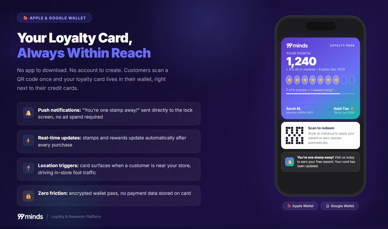 Apple Wallet and Google Wallet digital loyalty card pass powered by 99minds