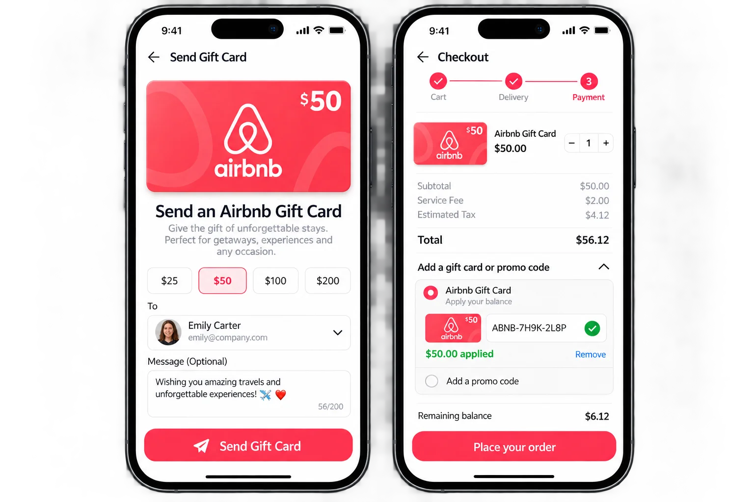 Airbnb gift card sent as a milestone reward for travel and applied at checkout