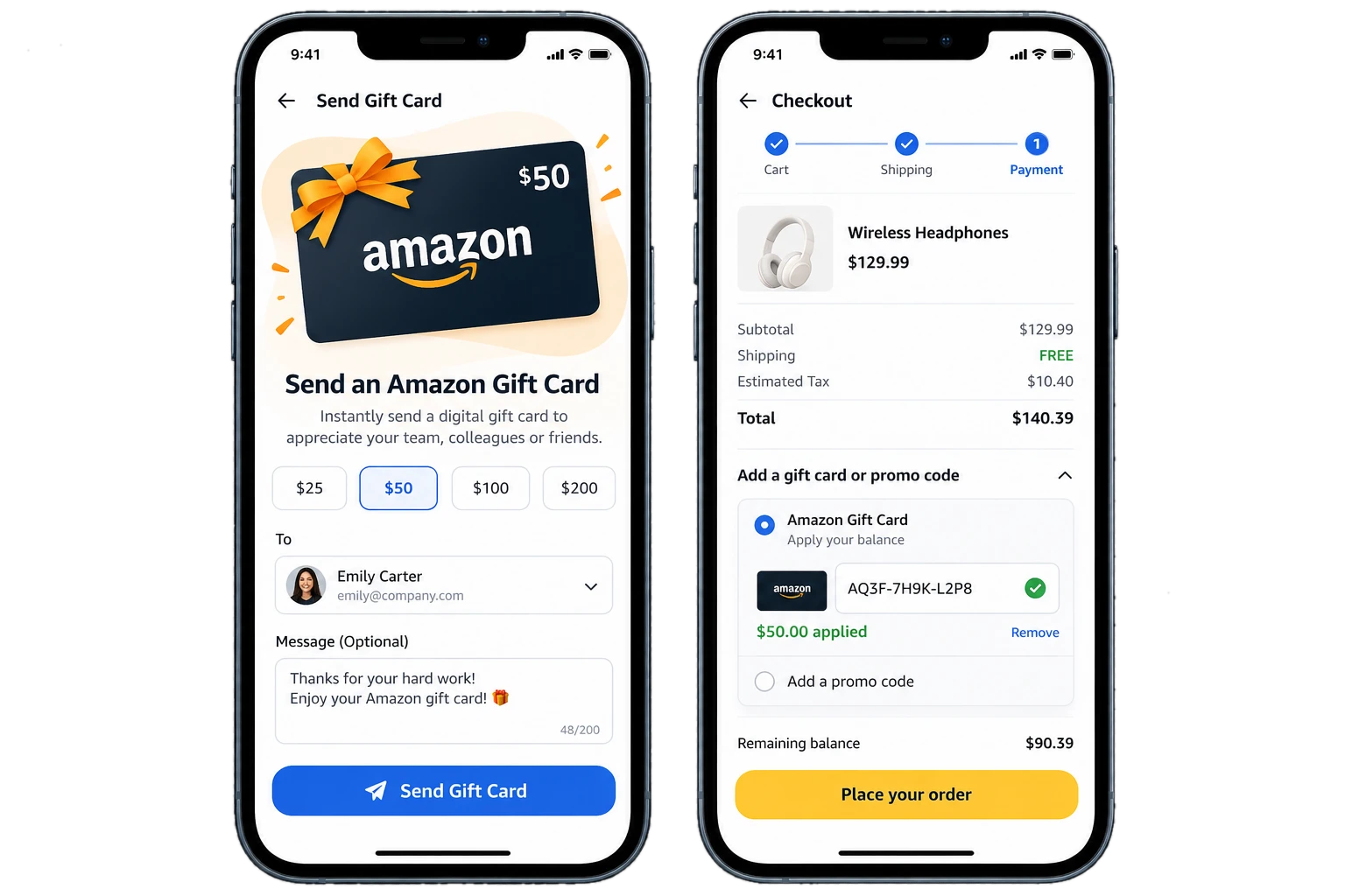 Sending a $50 Amazon gift card to an employee with a thank-you message, then applying it at checkout
