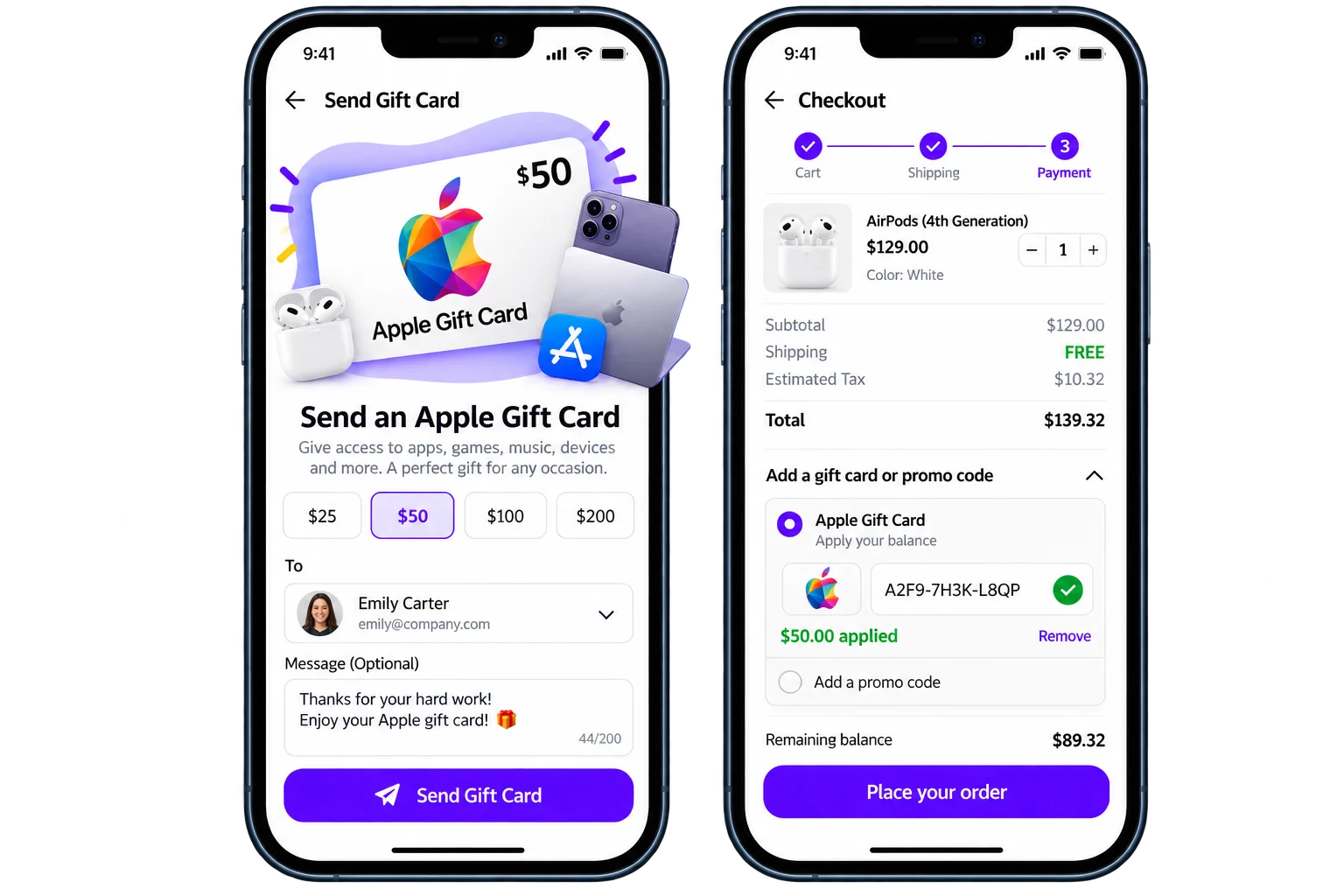 Apple gift card sent as an employee reward and applied toward AirPods