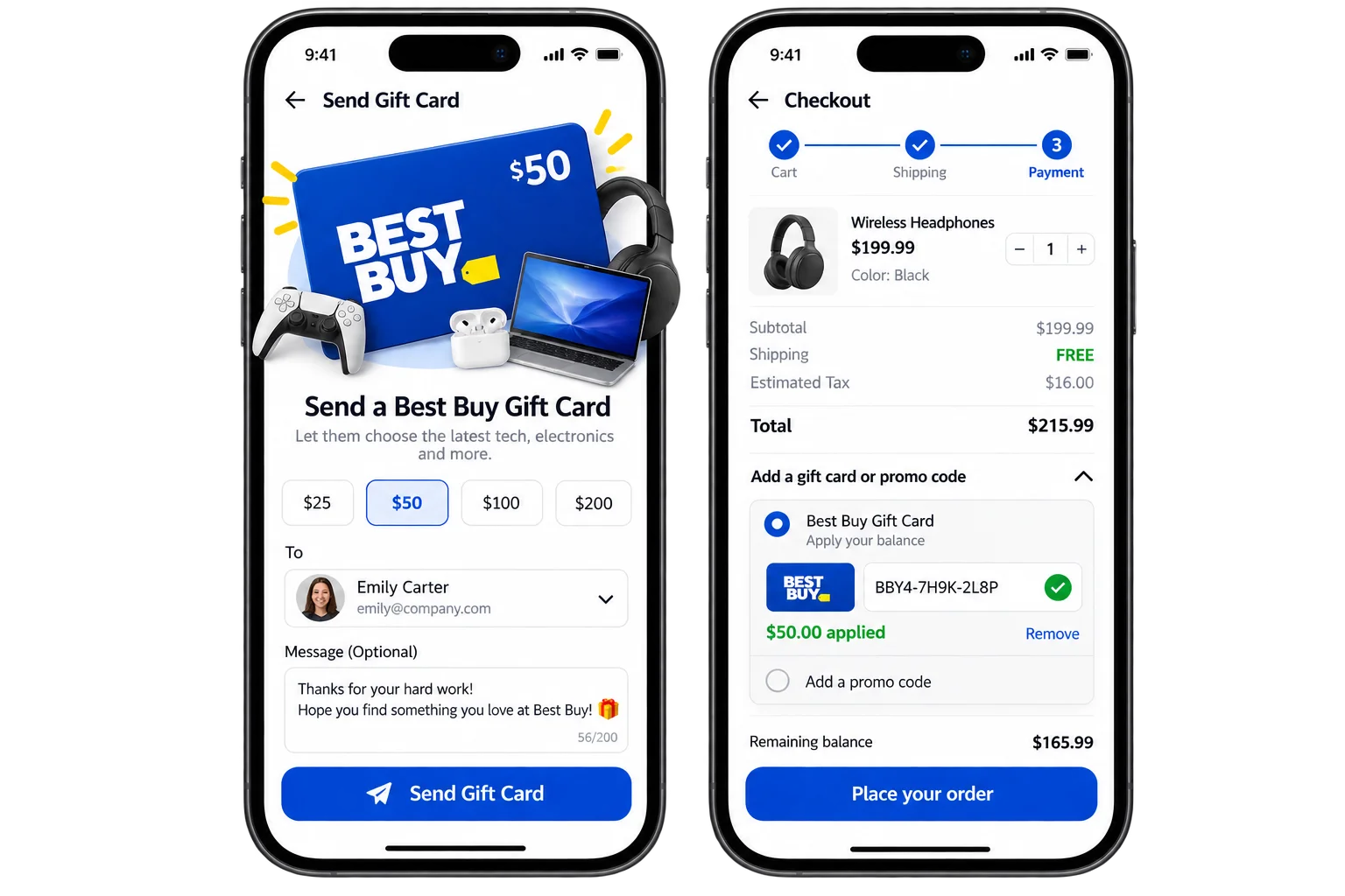 Best Buy gift card sent to an employee and used toward wireless headphones