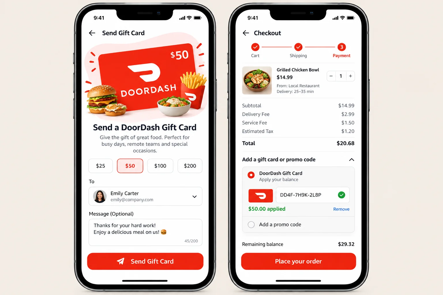 DoorDash gift card sent to a remote employee and applied to a food delivery order
