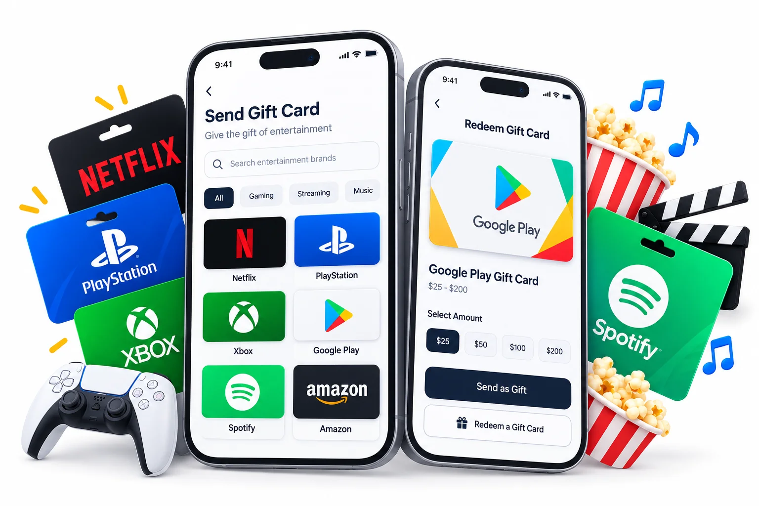 Entertainment gift cards from Netflix, PlayStation, Xbox, Google Play, and Spotify in a send and redeem gift card app