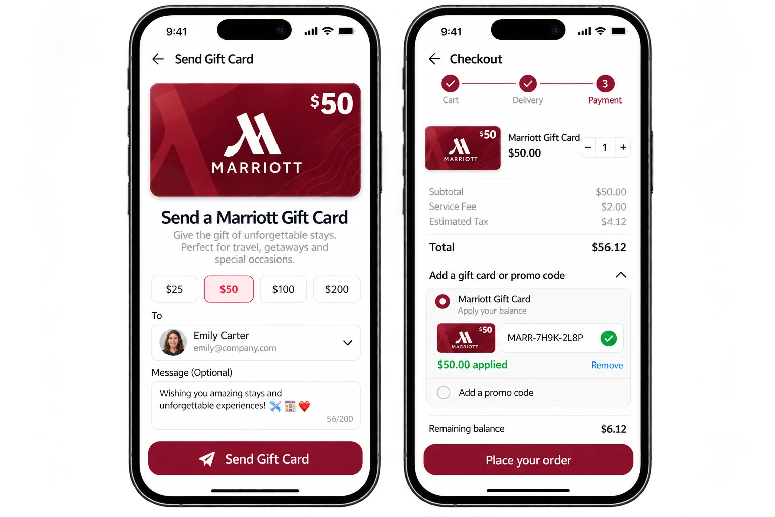 Marriott gift card sent as a work anniversary reward for a hotel stay