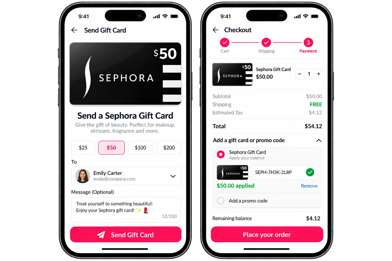 Sephora gift card sent to an employee with a personal note and redeemed at checkout