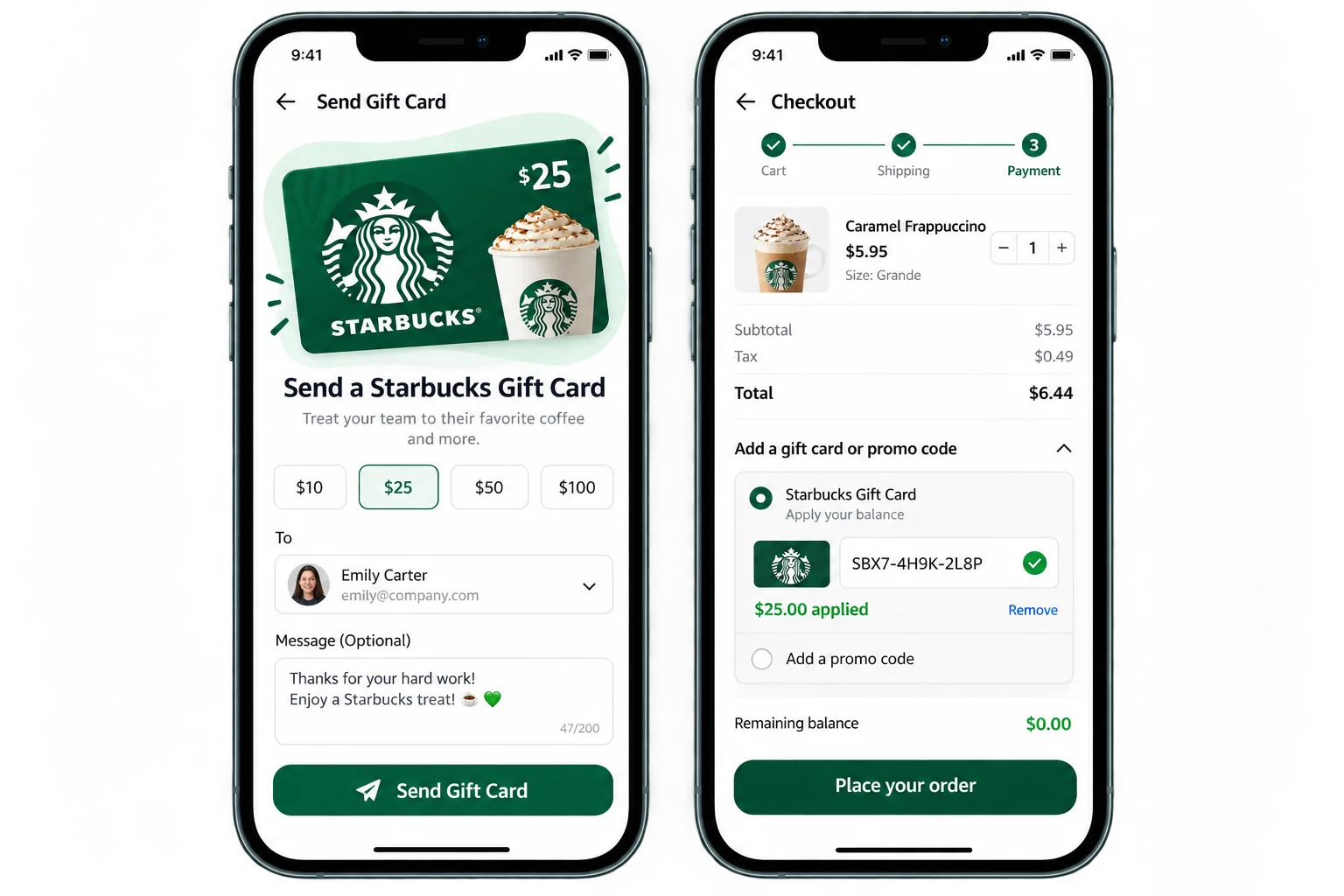 $25 Starbucks gift card sent as a quick thank-you and redeemed for a Frappuccino