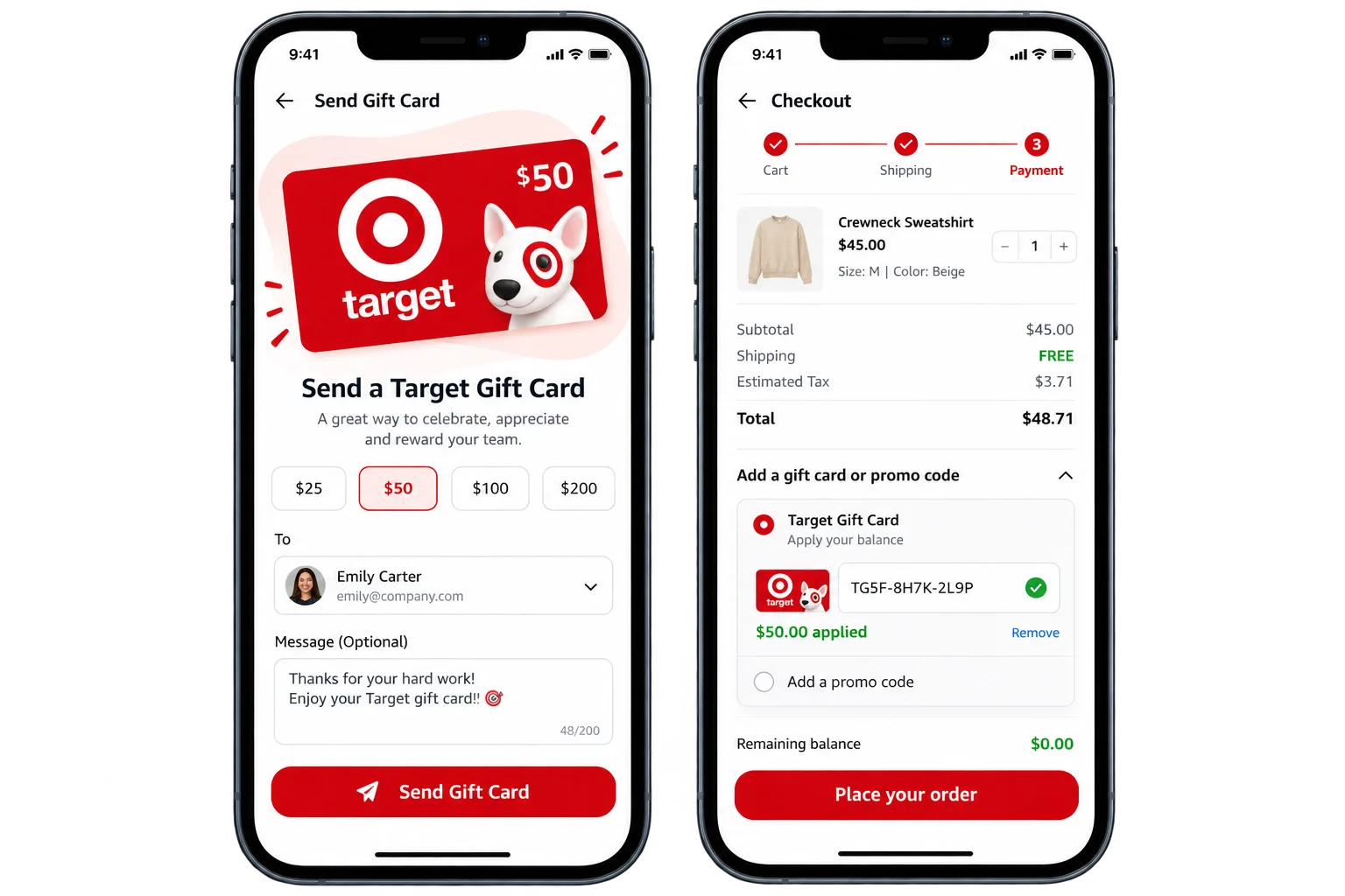 Target gift card sent to an employee and used to buy a sweatshirt at checkout