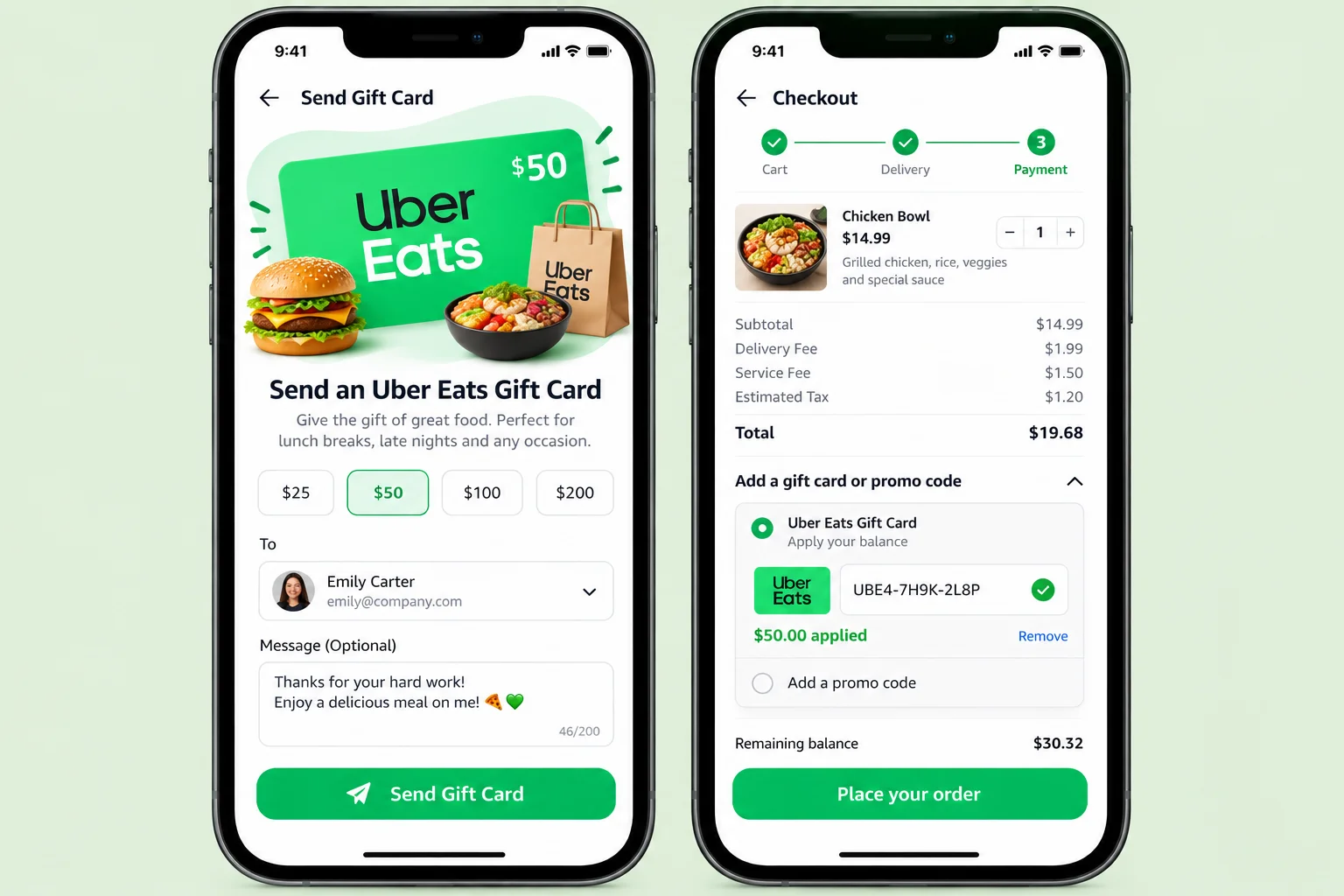 Uber Eats gift card sent to an employee and used for a chicken bowl delivery