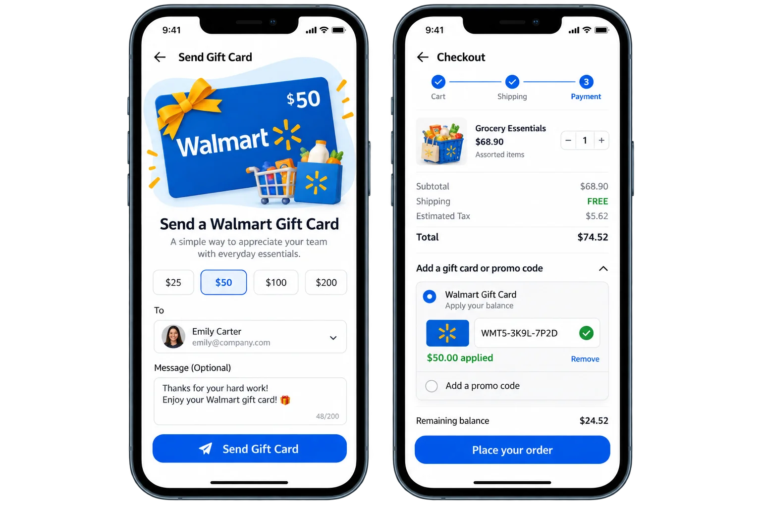 Walmart gift card sent as an employee reward and applied to a grocery order