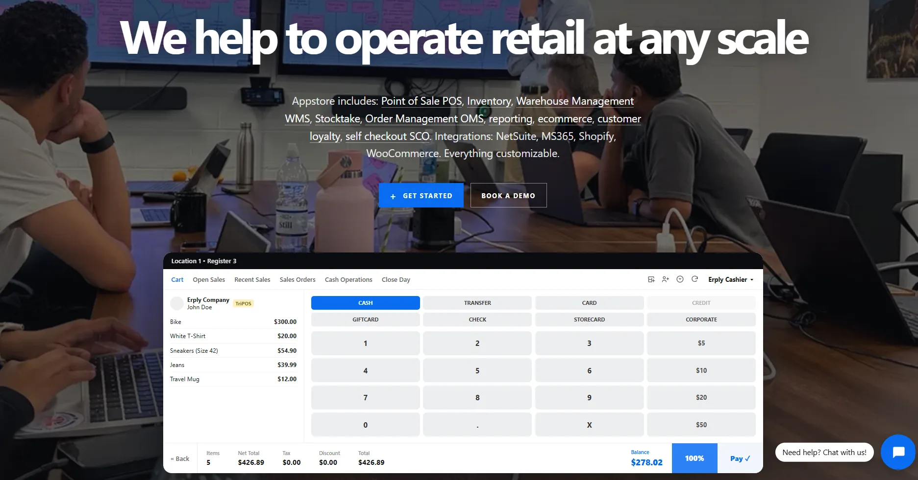 ERPLY POS system website homepage and cashier register screen