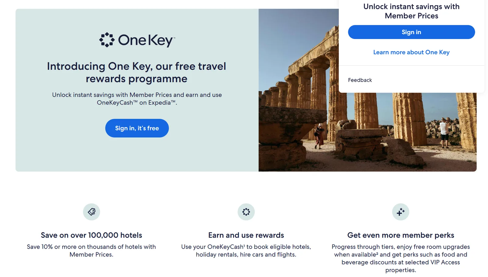 Expedia's One Key rewards program landing page introducing OneKeyCash and member price savings