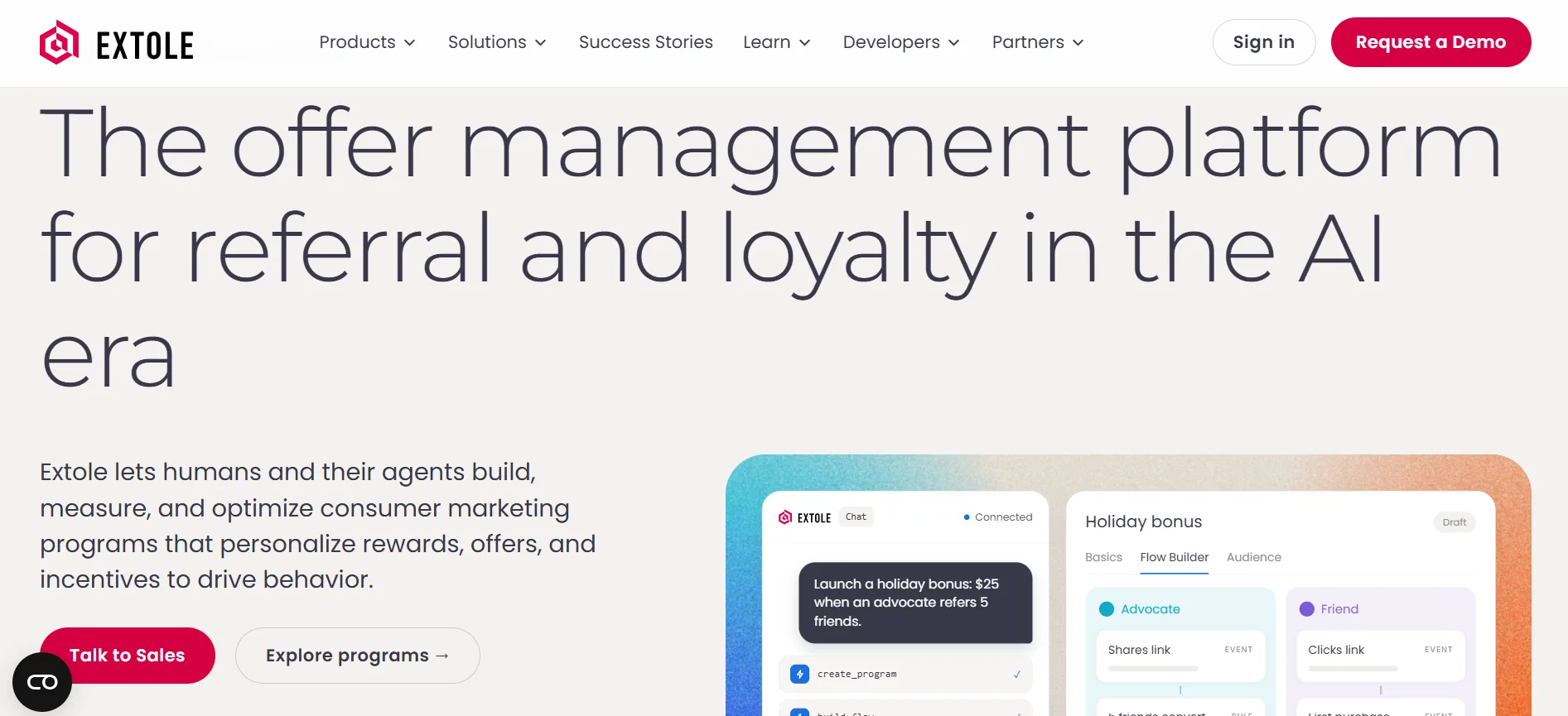 Extole homepage describing its offer management platform for referral and loyalty programs