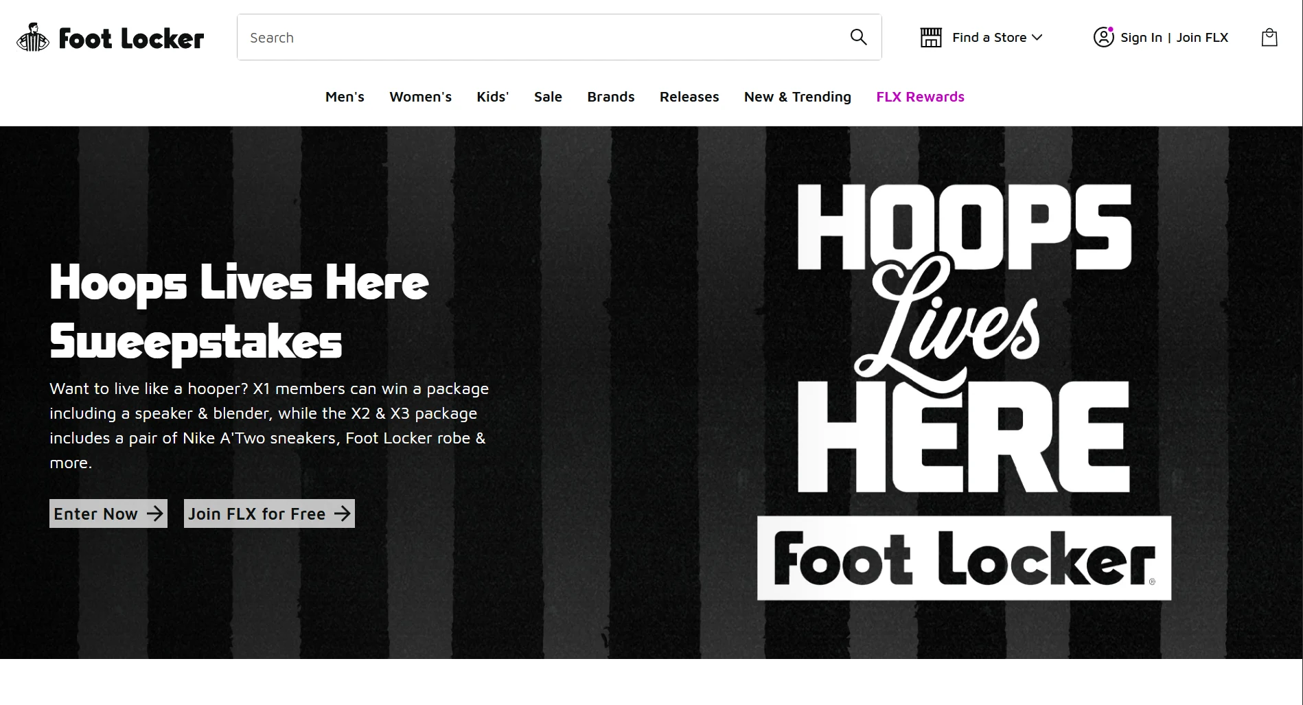 Foot Locker FLX Rewards program page showing Hoops Lives Here sweepstakes and Join FLX for Free call-to-action
