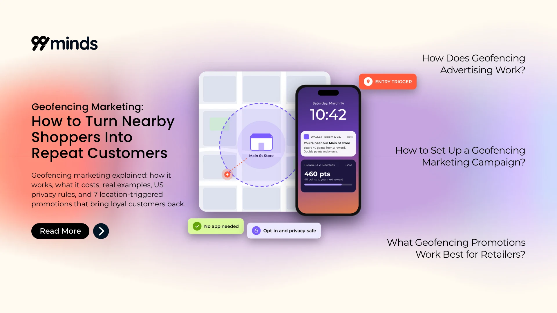 Geofencing marketing illustration showing a wallet pass alert on a phone near a store inside a virtual boundary