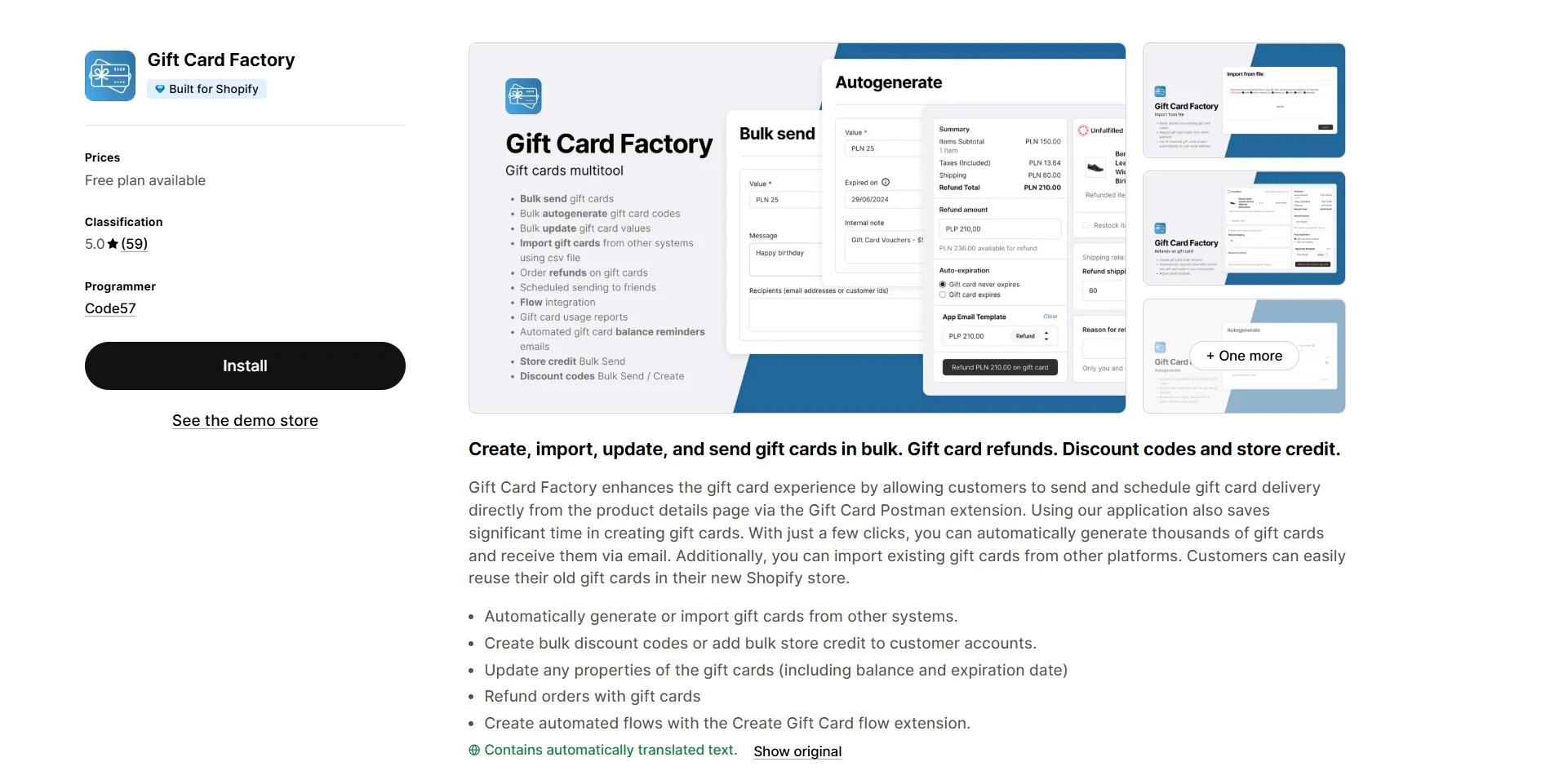 Gift Card Factory app listing on the Shopify App Store showing bulk gift card features