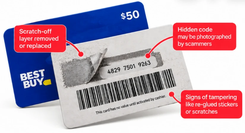 Back of a $50 gift card with a peeled scratch-off layer, exposed code, and re-glued sticker marked as signs of tampering