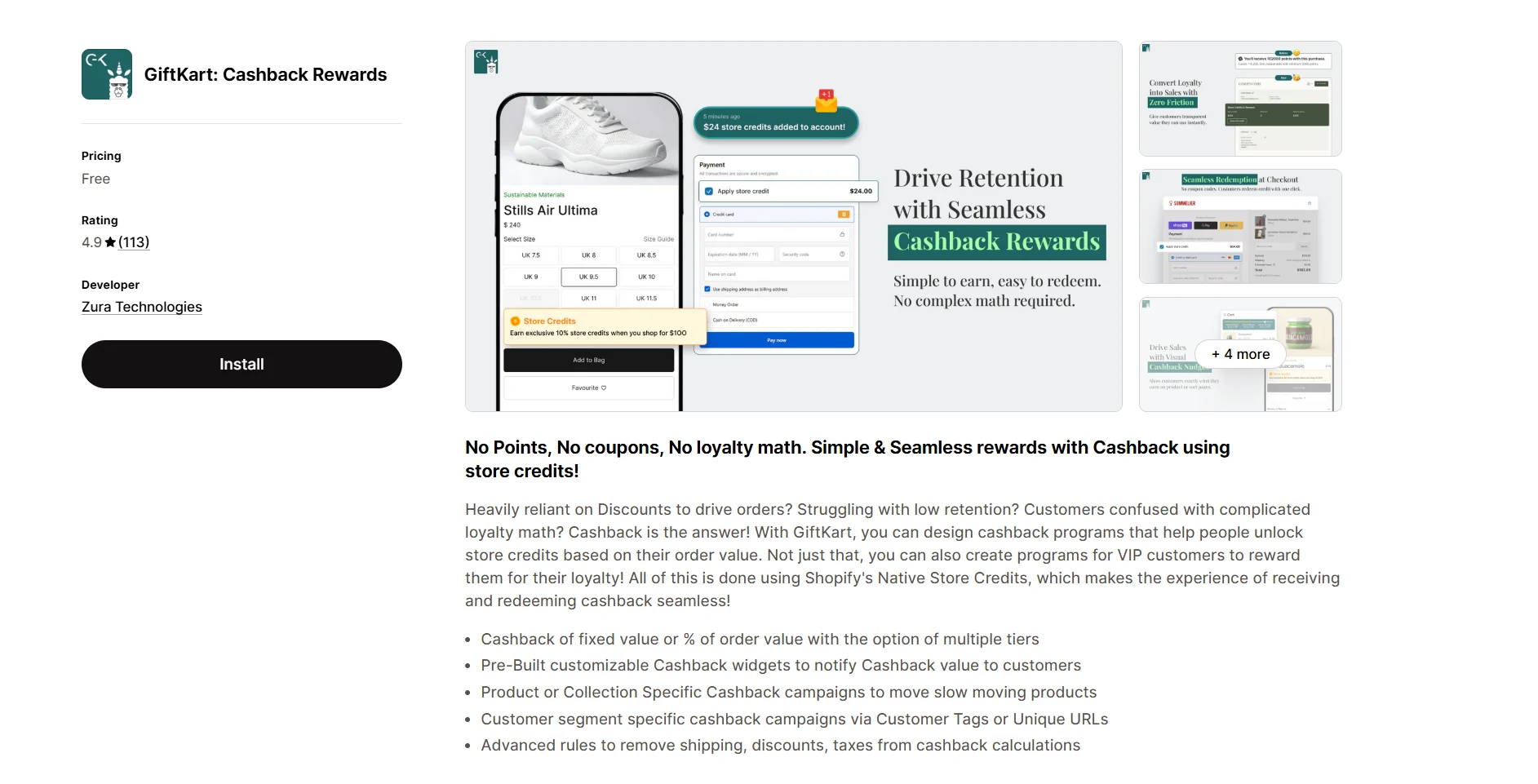 GiftKart Cashback Rewards app listing on the Shopify App Store