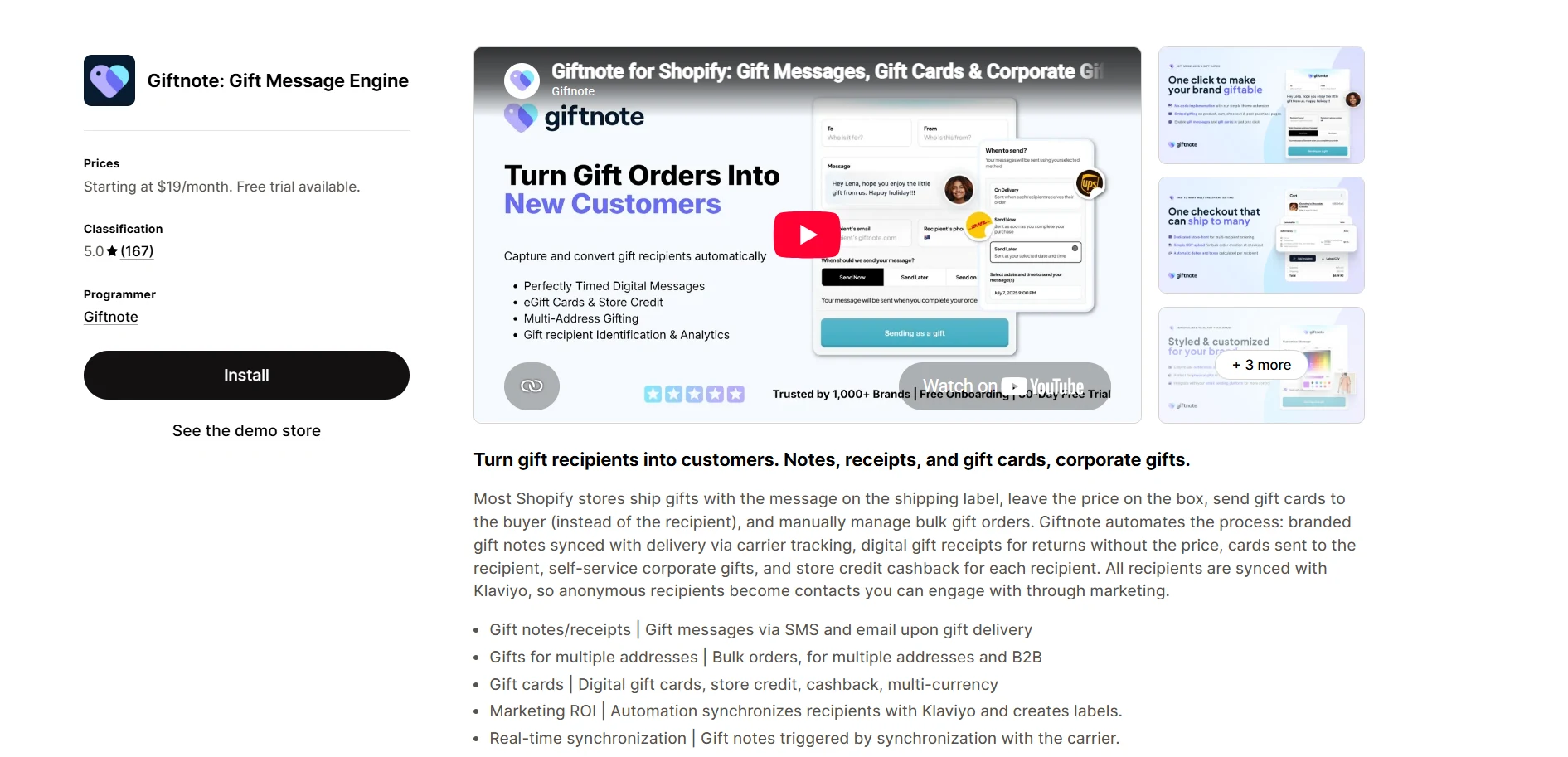 Giftnote Gift Message Engine app listing on the Shopify App Store