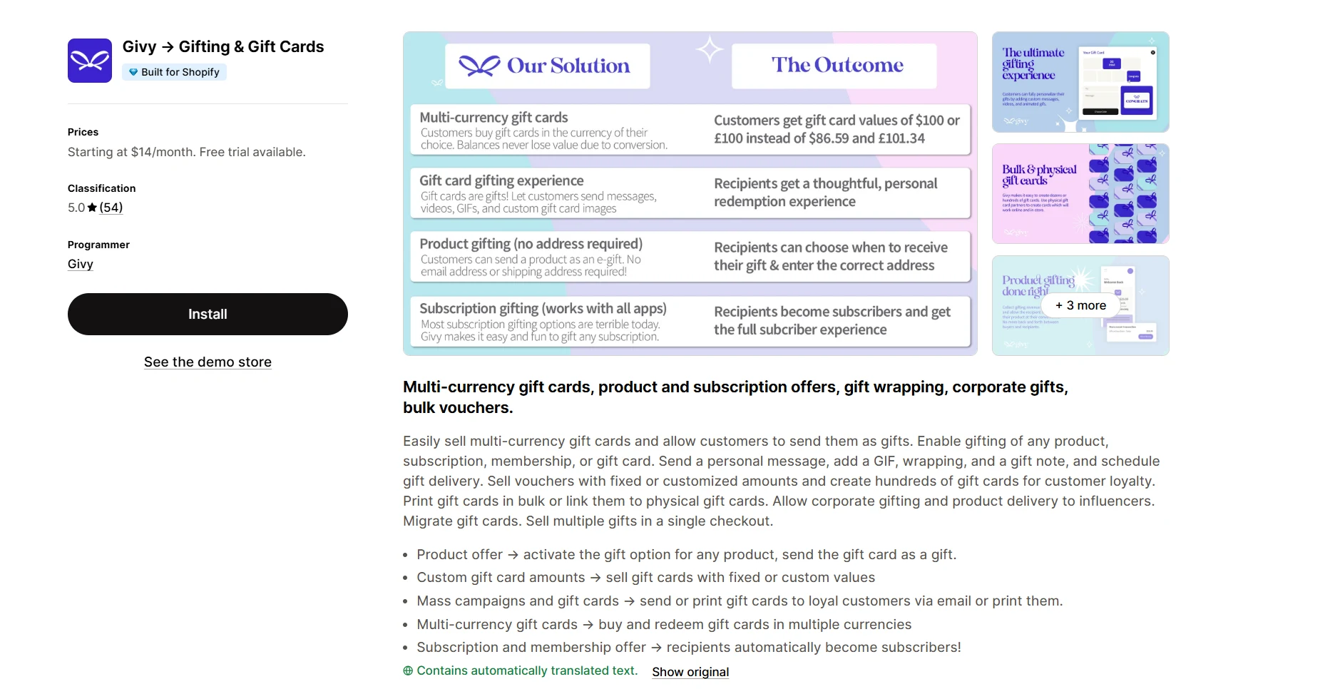 Givy Gifting and Gift Cards app listing on the Shopify App Store showing multi-currency features