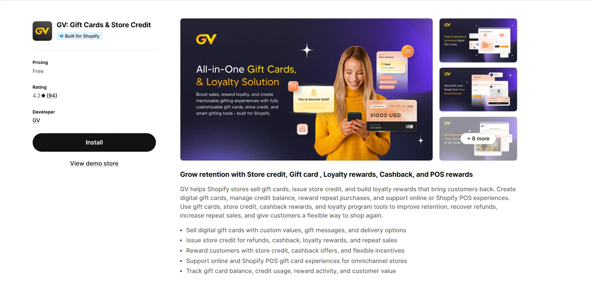 GV Gift Cards and Store Credit app listing on the Shopify App Store