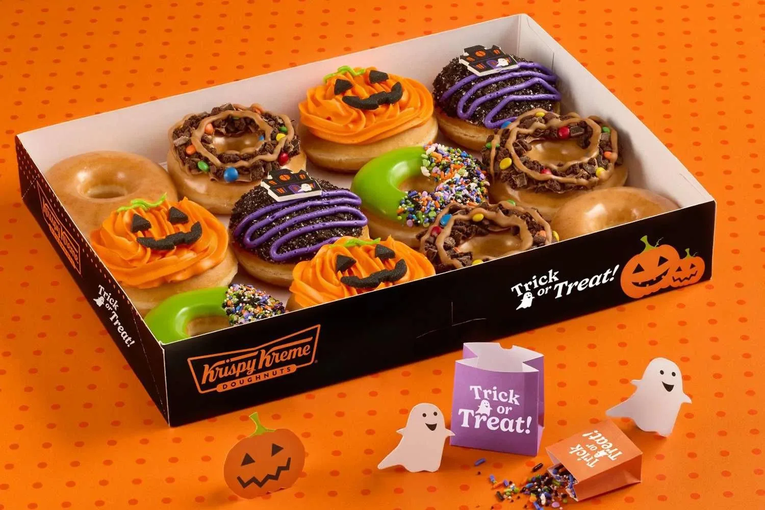 Krispy Kreme Trick or Treat Halloween dozen with themed doughnuts